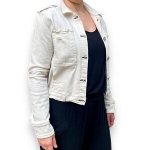 McGuire Ivory Distressed Trucker Jacket cropped stretch denim